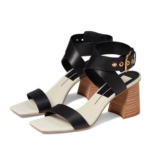 Dolce Vita Paytin Heels Black Leather Gold Buckle Sandals Womens Size 8.5 NWOB